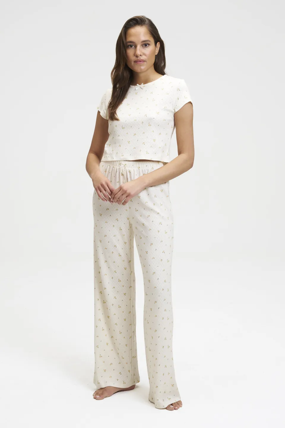 dore-rose-pointelle-baby-tee-and-pants-set-breathable-sleepwear-with-satin-bows image 1