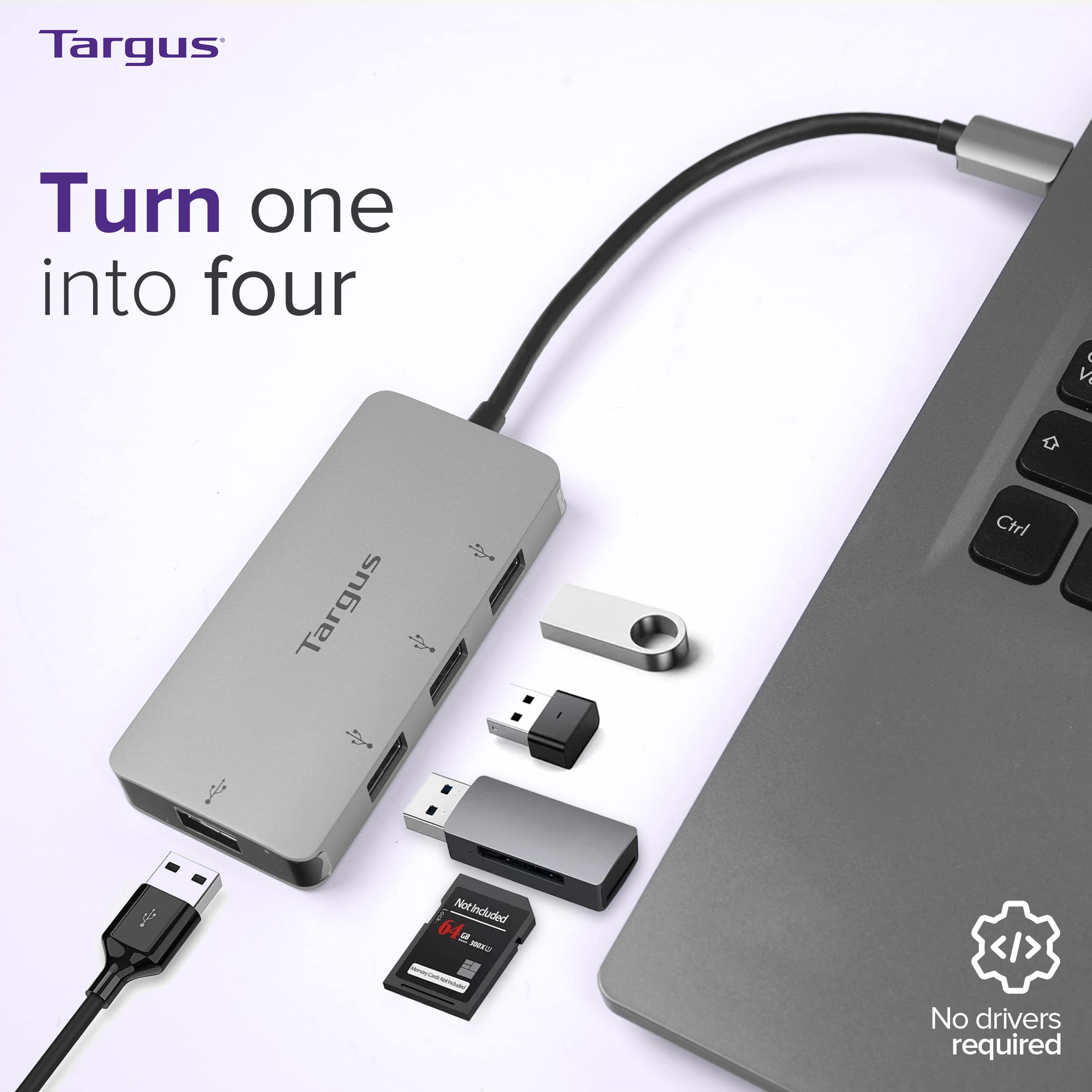 targus-ach226eu-usb-c-to-4-port-usb-a-hub-gray image 2