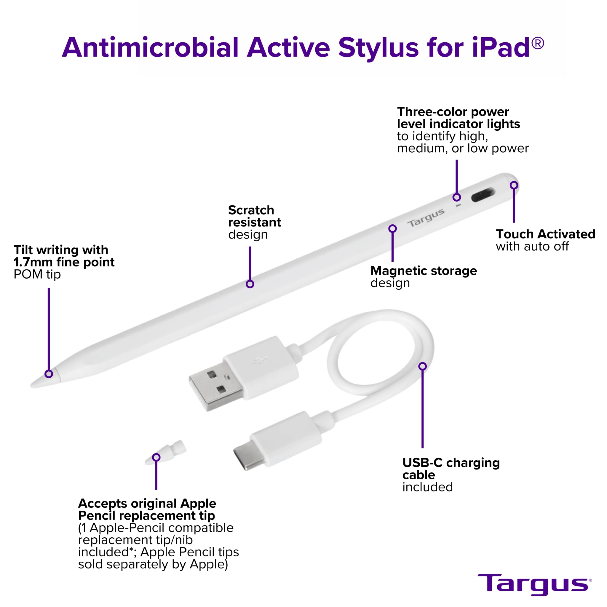 targus-active-stylus-for-ipad-1-1-apple-pencil-size-palm-rejection-rechargeable image 6